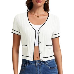 DRESSTELLS Cropped Cardigan Sweater, Summer Short Sleeves Lightweight Casual Ribbed Button Down Shrugs Tops for Women 2025 White M