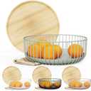 Libken Fruit Basket with Wooden Bamboo Lid- Fruit Bowl For Kitchen Counter - Countertop Bin for Produce Fruits, Potato and Veggie - Metal Wire Baskets For Organizing - 11.4"x11.4"x4.5" - Green