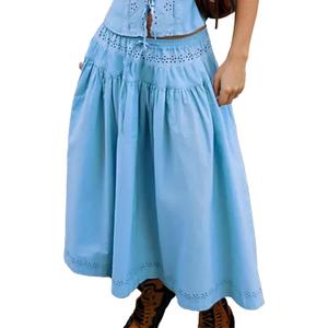 Women Summer Boho Maxi Skirt Tie Front Flowy Hollow Eyelet High Waist Long Skirts Fashion Clothes 2026, Small