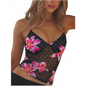 RoseSeek Women's Sheer Mesh Polka Dots Ruched Sexy Summer Cami Crop Tops (L)