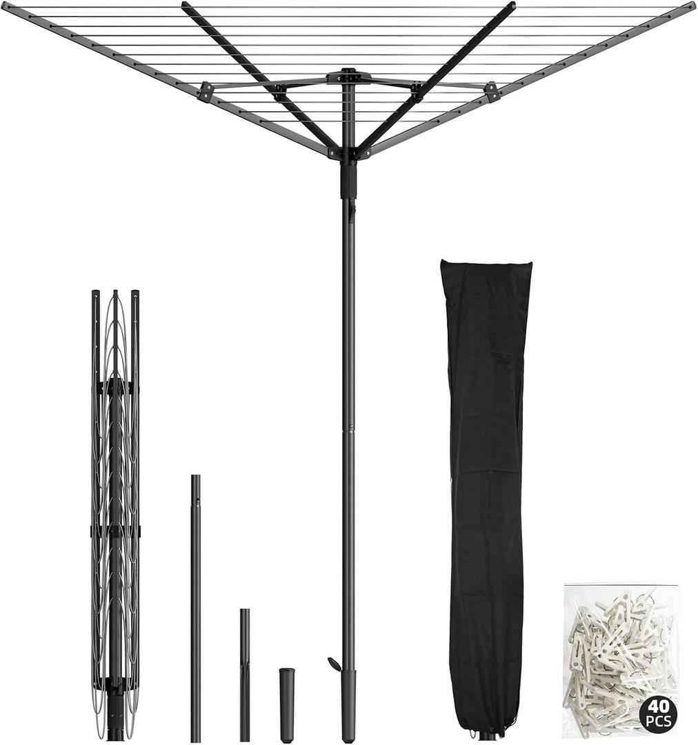 Clothes-Lines for-Outdoor, Heavy-Duty Umbrella Clothes-Drying-Rack for Blanket, Sheets, Skirt, Rotating and Hight-Adjustable Clotheslines-for-Outside, Backyard, Balcony, Camping, RV, Black