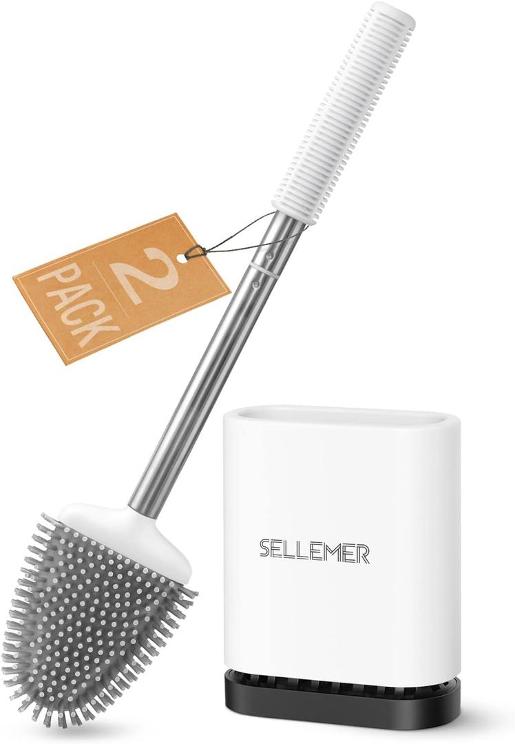 Sellemer Toilet Brush and Holder Set for Bathroom, Flexible Toilet Bowl Brush Head with Silicone Bristles, Compact Size for Storage and Organization, Ventilation Slots Base (2 Pack)