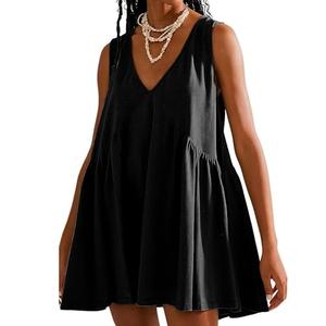 OPCAKM Women's V Neck Sleeveless Mini Dress Loose Summer Pleated Swing Flowy Sundress(Black-M)