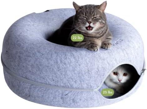 CATTASAURUS Peekaboo Cat Cave for Multiple & Large Cats Up to 30 Lbs, Scratch Detachable & Washable Tunnel Bed, Comfy Donut Cat Cave (Light Gray, Large)