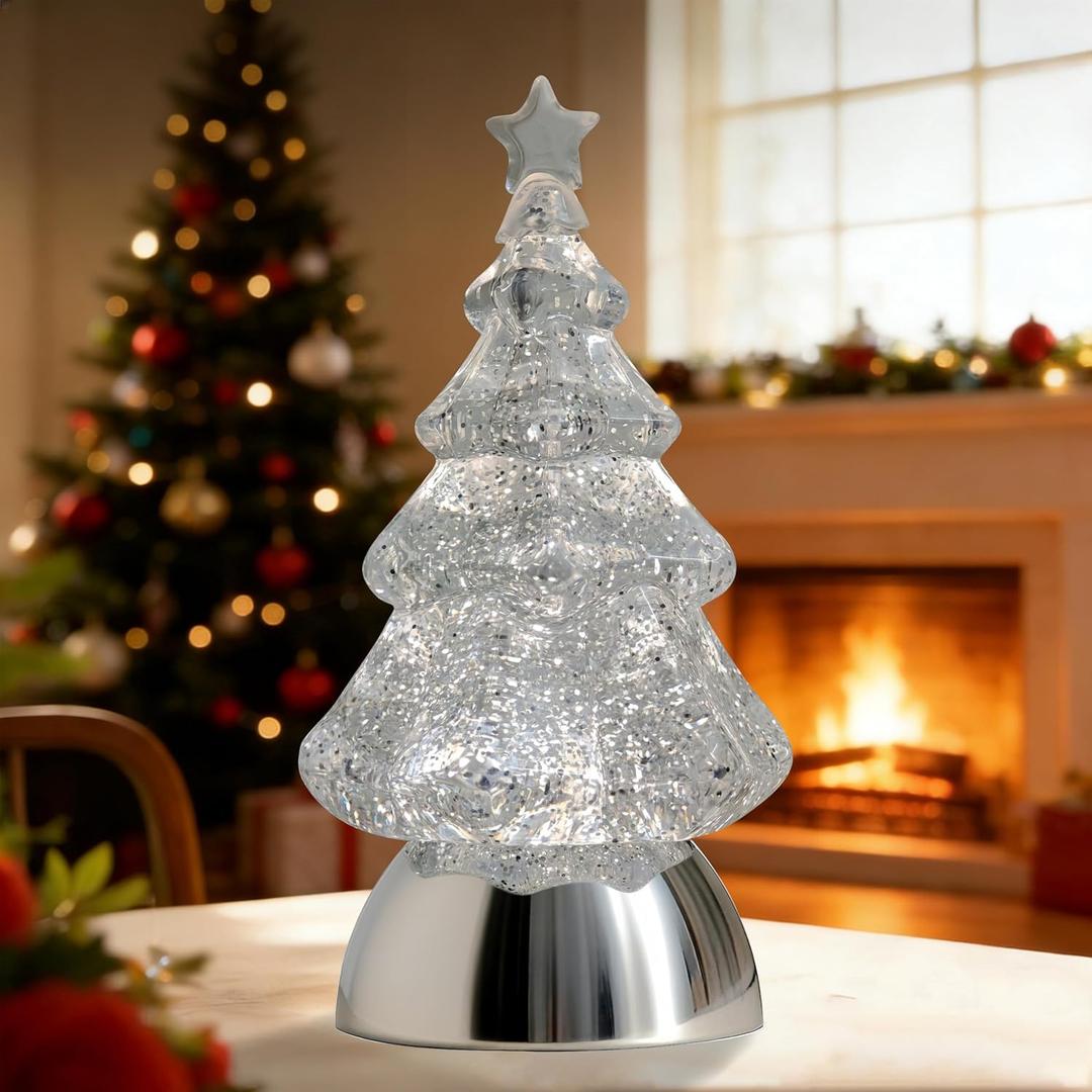 Christmas Snow Globe, Water Glitters LED Lighted Snow Globes Christmas Tree Tabletop Decor - Silver
