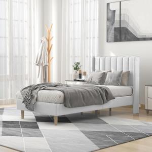 alazyhome Upholstered Platform Twin Size Bed Frame with Headboard Wooden Slats Support No Noise Easy Assembly White Linen