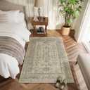 Washable 2x3 Entryway Rug, Boho Non-Slip Door Mat Vintage Distress Small Rugs for Kitchen Nursery Office Bedroom, 0.3" Neutral Oriental Throw Carpet with Cushioning Pad, Flaxen/Multi, B2