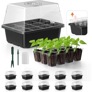 Seed Starter Tray, 10PCS Seed Starter Kit, Seedling Starter Trays with Heightened Lids for Seed Staring, Indoor Gardening Plant Germination Trays (12 Cells per Tray) Black