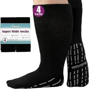 Bulinlulu Extra Width Socks for Swollen Feet-4 Pairs Hospital Grip Socks,Bariatric Socks,Diabetic Socks for Women Men 13-15 (One Size, Black)