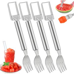 2-in-1 Watermelon Slicer & Fork – 4-Pack Stainless Steel Fruit Cutter Tool for Watermelon, Mango, Pitaya – Portable for Camping, Picnics, Home, Parties – Effortless Cubes & No Mess