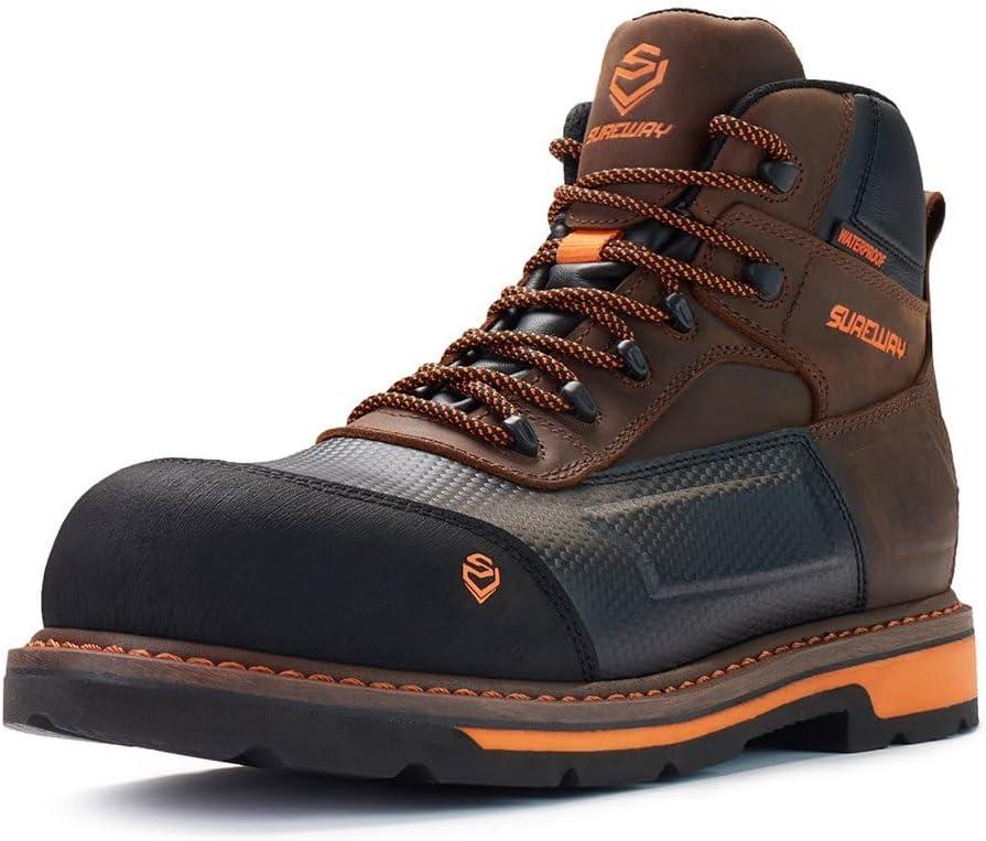SUREWAY Composite Toe Heavy Duty Waterproof Work Boot, Mens 6" Welt Oil/Slip Resistant Dual-Density Comfortable Outsole Leather Construction Industrial Safety Lace Up Work Boots - Brown (9.5)