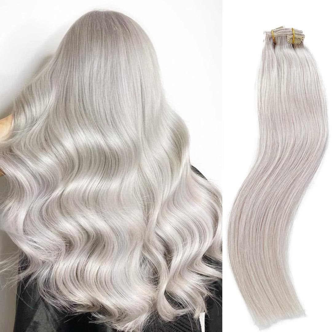 Hair Clip in Remy Hair Extensions 70g 5pcs 22inch Monochrome Hair Extensions Silky Straight Long Hair Extension 100% Brazilian Virgin Human Hair Clip In Extensions (#Sliver,22Inch) (22 Inch)