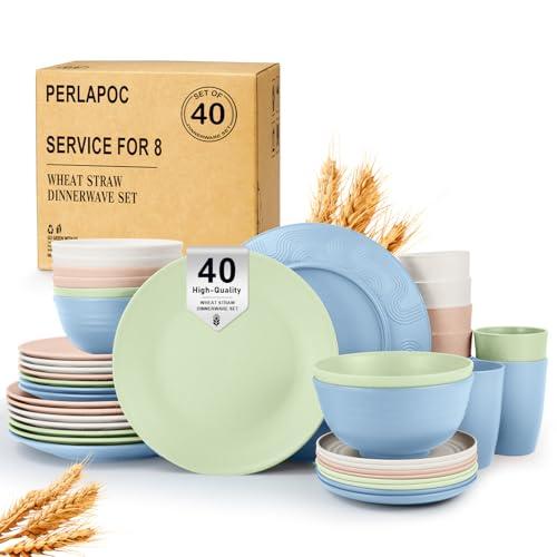 Perlapoc 40 PCS Wheat Straw Dinnerware Sets Unbreakable Dishes Set for 8 Plastic Plates and Bowls Sets with Cups Dishwasher & Microwave Safe - Colorful