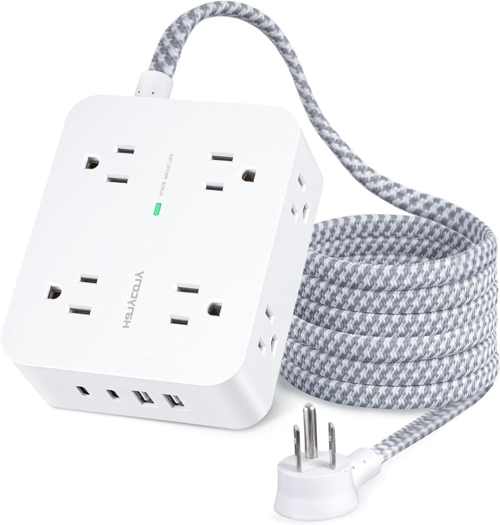 Extension Cord 20 Ft, HANYCONY Power Strip Surge Protector with 8 Outlets 4 USB Ports(2 USB C), Long Cord, Flat Plug, Wall Mount, Desk USB Charging Station for Home Office Essentials (White)