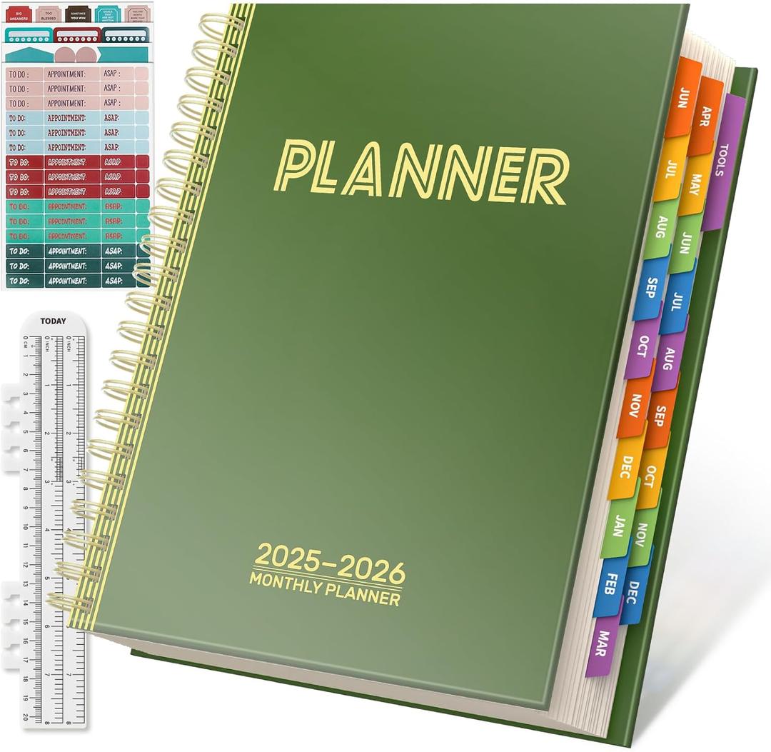 19 Months Planner, 2026 Weekly & Monthly Planner, 8.5"11" Daily Weekly Monthly Calendar Planner, June 2025-Dec 2026 Organizers with Habit Tracker for School & Office, Colored Tabs, Stickers, Pocket, Ruler Bookmark-Green
