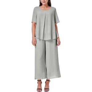 Women's 2 Piece Chiffon Sets Outfits Flowy Summer Casual Dressy Pantsuits Loose Double Layers Blouse Pants Sets, XXL