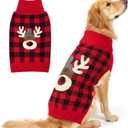 KYEESE Dog Christmas Sweater with Reindeer Pattern, Cozy Holiday Outfit, Red Buffalo Plaid Knitwear, Turtleneck Dog Sweater for Medium Dogs with Leash Hole, Soft Warm Pet Clothes, XX-Large (2XL (35-60lbs))