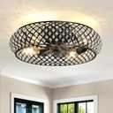 Metal Ceiling Fan with Lights: 20" Iron Low Profile Crystal Black Caged Industrial Ceiling Fans with Light Flush Mount Remote Control 6 Speeds for Bedroom Living Room Kitchen