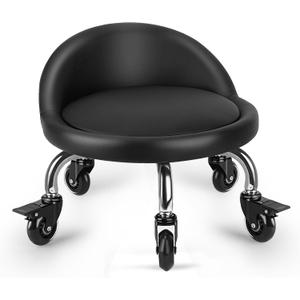 Rolling Stool with Backrest Low Height Rolling Stool with PU Leather, Roller Stool Chair, Roller Seats for Home, Office, Garage, Shop, Library (3.2" h Casters) Black
