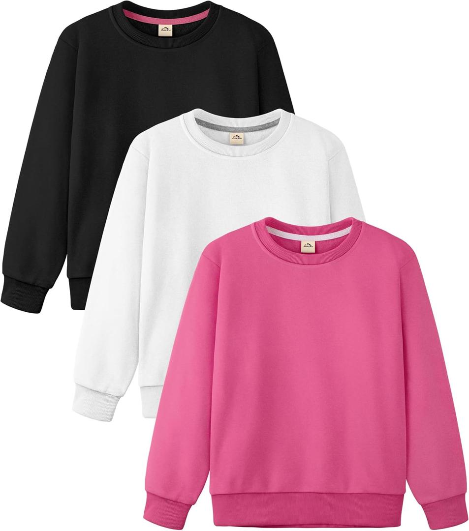3 Pack Girls Sweatshirt Fleece Cotton Kids Sweatshirts Soft Crewneck Pullover Kids Clothing Girls Long Sleeve Shirts (Small, Black, White, Hot Pink)