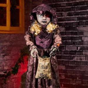 Halloween Animatronics 4ft Creepy Two-Face Doll, Animated 48" Decorations with Candy Bag, Sound Activated, Speak, Light Up Eyes, Scary Move, Haunted House Holiday Decor Horror Prop for Indoor, Outdoor