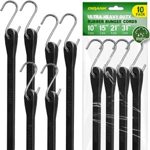 Bungee Cords with Hooks (10 Pack) Heavy Duty Outdoor Rubber Tarp Straps in 10", 15", 21", 31" Sizes, Crimped S Hooks for Cargo, Bikes, Camping Gear, Luggage - Max Stretch 1.5X, Load 180 lbs Bungee Cords with Hooks (10 Pack) Heavy Duty Outdoor Rubber Tarp Straps in 10", 15", 21", 31" Sizes, Crimped S Hooks for Cargo, Bikes, Camping Gear, Luggage - Max Stretch 1.5X, Load 180 lbs