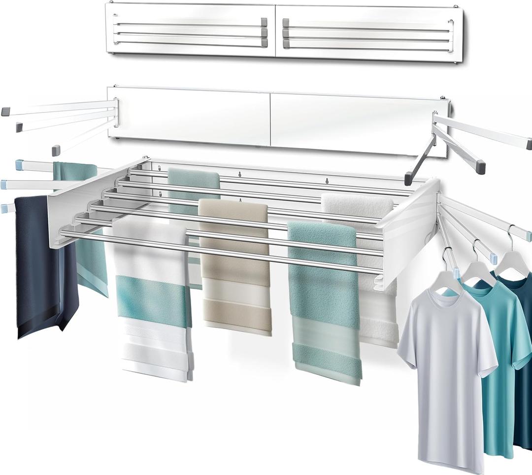 MODERN-X Wall Mounted Clothes Drying Rack with 6 Swivel arms, 35Wide, 26 Linear ft of Laundry Drying Rack Space, 6 Collapsible Aluminum rods, 2X Drying Capacity, Space Organizer Holds up to 60lbs