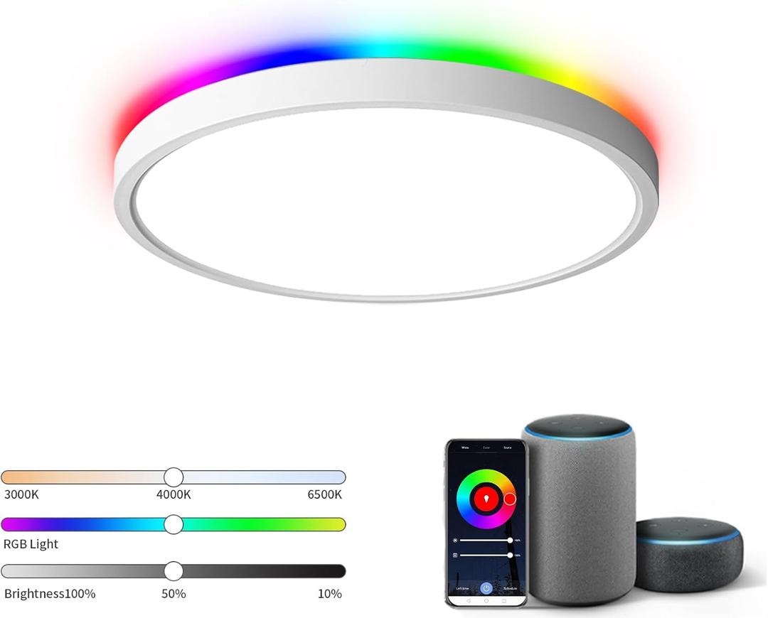 TALOYA Smart Ceiling Light Fixture 10 Inch Flush Mount Led with RGB Night Light, Compatible with Alexa Google Assistant, 2.4G WiFi Ceiling Mount Lamp for Kids Room (White)
