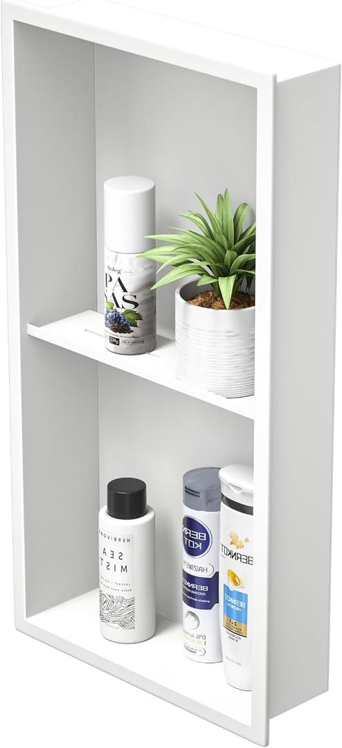 Stainless Steel Shower Niche 24" X 12" Matte White No Tile Needed Vertical Niche Shower with Two- Tier Shelves Recessed Wall Niches for Bathroom Storage Over Mount Installation