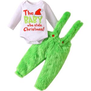 VISGOGO Infant Baby Boy Girls Christmas Jumpsuit Set Letter Print Long Sleeve Romper Green Suspender Costume Pants (12-18 Months)