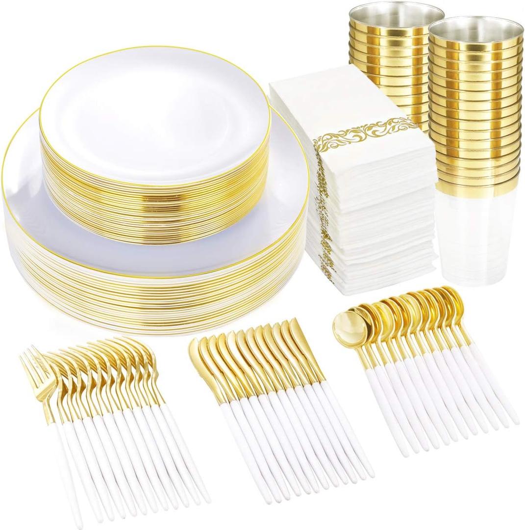 Supernal 350pcs Gold Dinnerware Set - Plastic Silverware With White Handle, Disposable Plates for Christmas or Wedding, Clear Cups, Gold Rim Napkins (350pcs White and Gold Plastic Dinnerware Set)
