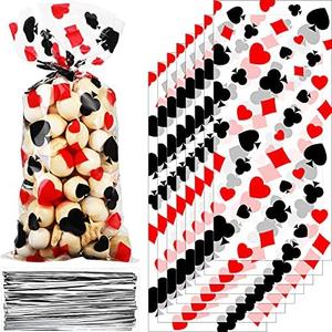 Sumind 100 Pieces Casino Party Cellophane Treat Bags, Black Red Las Vegas Poker Plastic Candy Goodie Bags with 100 Silver Twist Ties for Casino Themed Poker Birthday Party Supplies