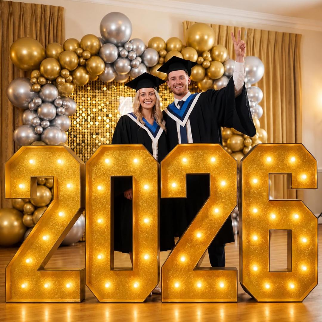 Yunsailing Graduation Decorations Class of 2026, 3 ft 2026 Light up Marquee Numbers, Pre Cut Foam Board Frame for Kindergarten Preschool High School College Prom Party Decor (Black Gold)