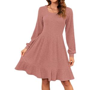 AUSELILY Womens Fall Dress 2025 Square Neck Long Sleeve Dresses Casual A Line Knit Sweater Dress with Pockets (Pink, L)
