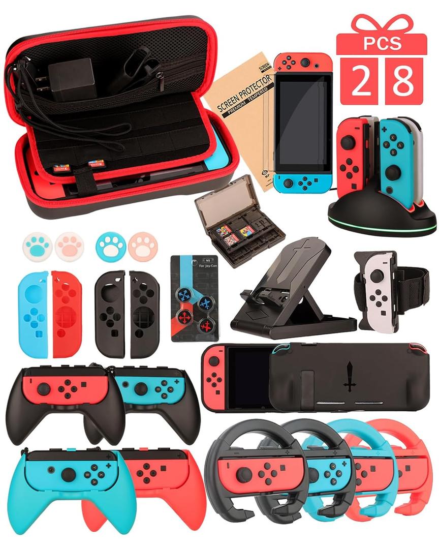 Switch Accessories - Family Bundle Accessories for Nintendo Switch, Carry Case& Screen Protector,4 Pack Joy Con Grips and Steering Wheels, Case Cover,Stand Mount,Joy Con Charger and More