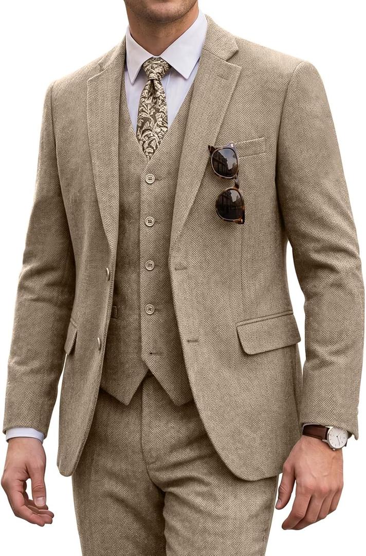 Brown Mens Tweed Suit 3 Pieces Bussiness Wedding Suit Slim Fit Formal Prom Wool Suit for Men Tuxedos Set Beige M
