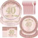 40 Birthday Decorations for Women, 96PCS 40th Birthday Plates and Napkins Set Rose Gold Plates Pink Paper Plates Birthday Decorations for Girls Women 40 Year Old Party Supplies Serve 24 Guests