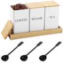 Homaisson Coffee Tea Sugar Canister and Tray Set, Metal Container with Airtight Wooden Lid, Kitchen Counter Storage Organizer Set, Farmhouse Drink Station Decor, Includes 3 Plastic Scoops
