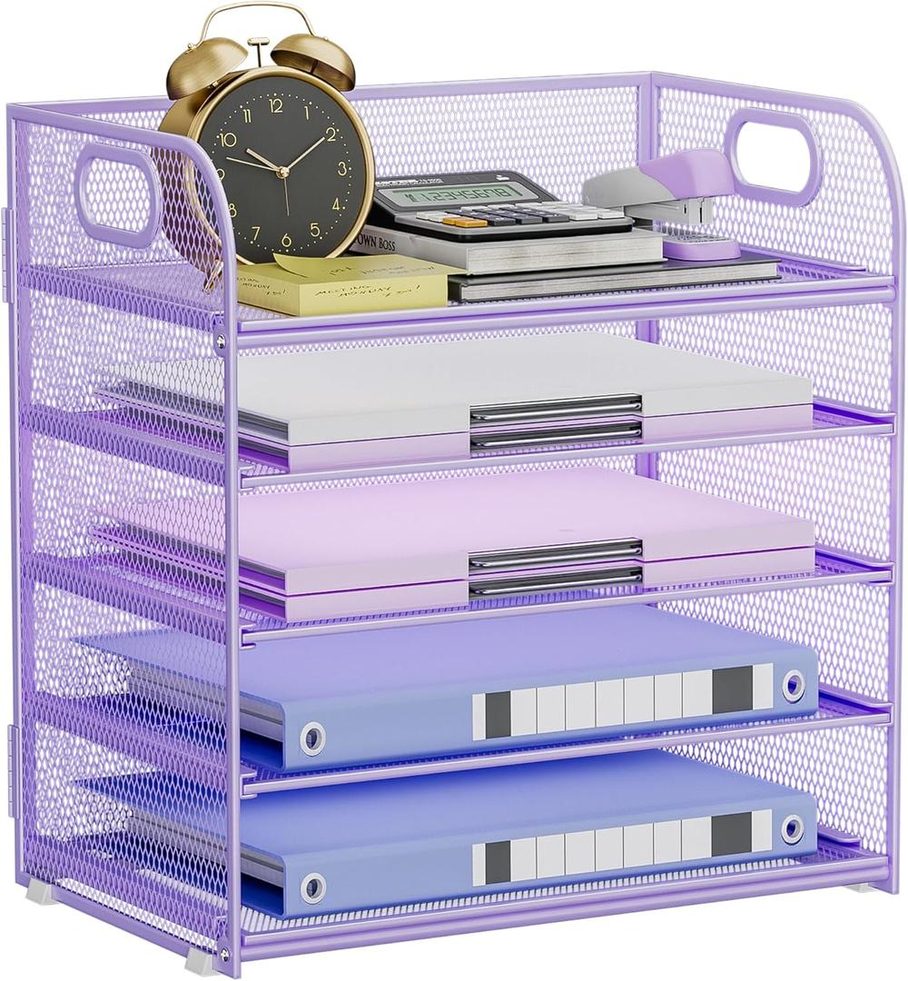 5-Tier Stackable Paper Organizer with Handle, Purple Metal Mesh Letter Tray | Elegant Desk File Sorter for Office, Home & Classroom Organization