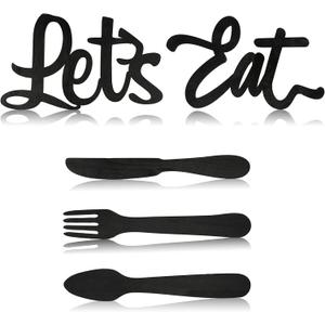 Jetec 5 Pcs Let's Eat Sign Kitchen Wall Decor Fork Spoon Knife Kitchen Decor Sign Rustic Farmhouse Wooden wall decorations for Home Dining Room Bar Cafe Restaurant(Black)