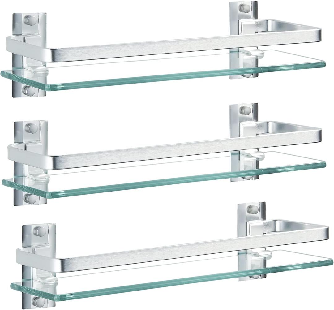 AIJALY 3 Pack Bathroom Glass Shelf,Aluminum Tempered Glass 0.34in Extra Thick Rectangular 1 Tier Storage Organizer Wall Mount,Silver 15.7in