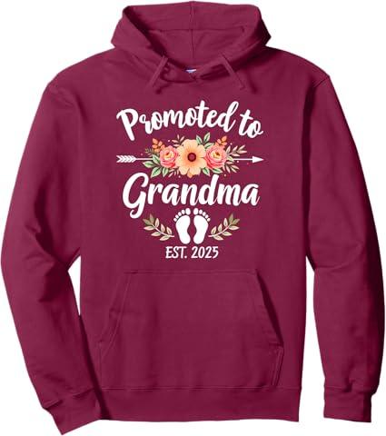Promoted to Grandma Est 2025 Floral New Grandma Pullover Hoodie, L