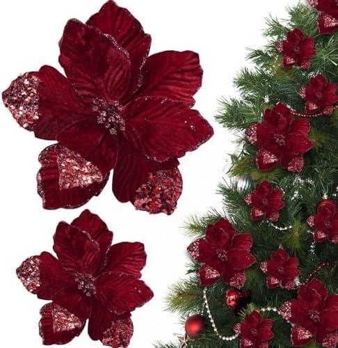 Thiccywoov Burgundy 16 Pcs Christmas Poinsettia Flowers Decoration Artificial Velvet Flowers Glitter Magnolia Flower Ornaments for Christmas Tree Wreath Garland Decor 9.4 Inch and 6.3inch