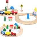 Wooden Train Tracks Toys for Toddler, 33 Pieces Magnetic Train with Wooden Tracks Fits for Thomas, Brio, Chuggington, Melissa and Doug, Rail Set Toy Gifts for 3 4 5 Years Old Girls & Boys