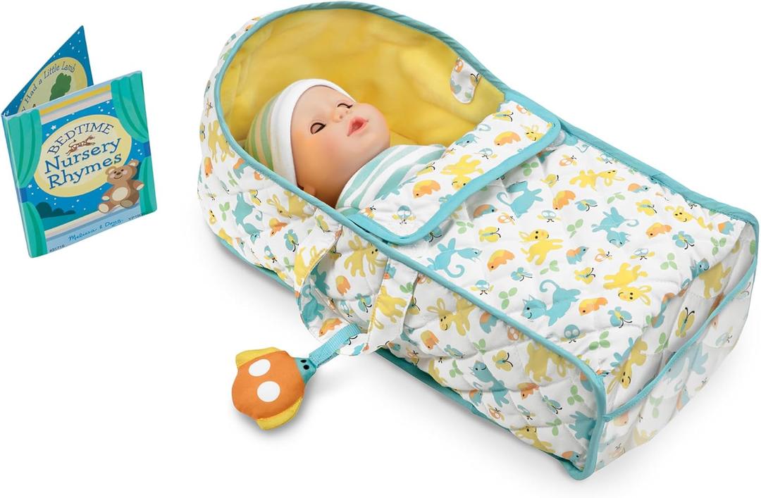 Melissa & Doug Mine to Love Bassinet Play Set Portable Carrier for Dolls with Crinkle Toy, Nursery Rhyme Book, 17.6 x 8.5 x 2.25