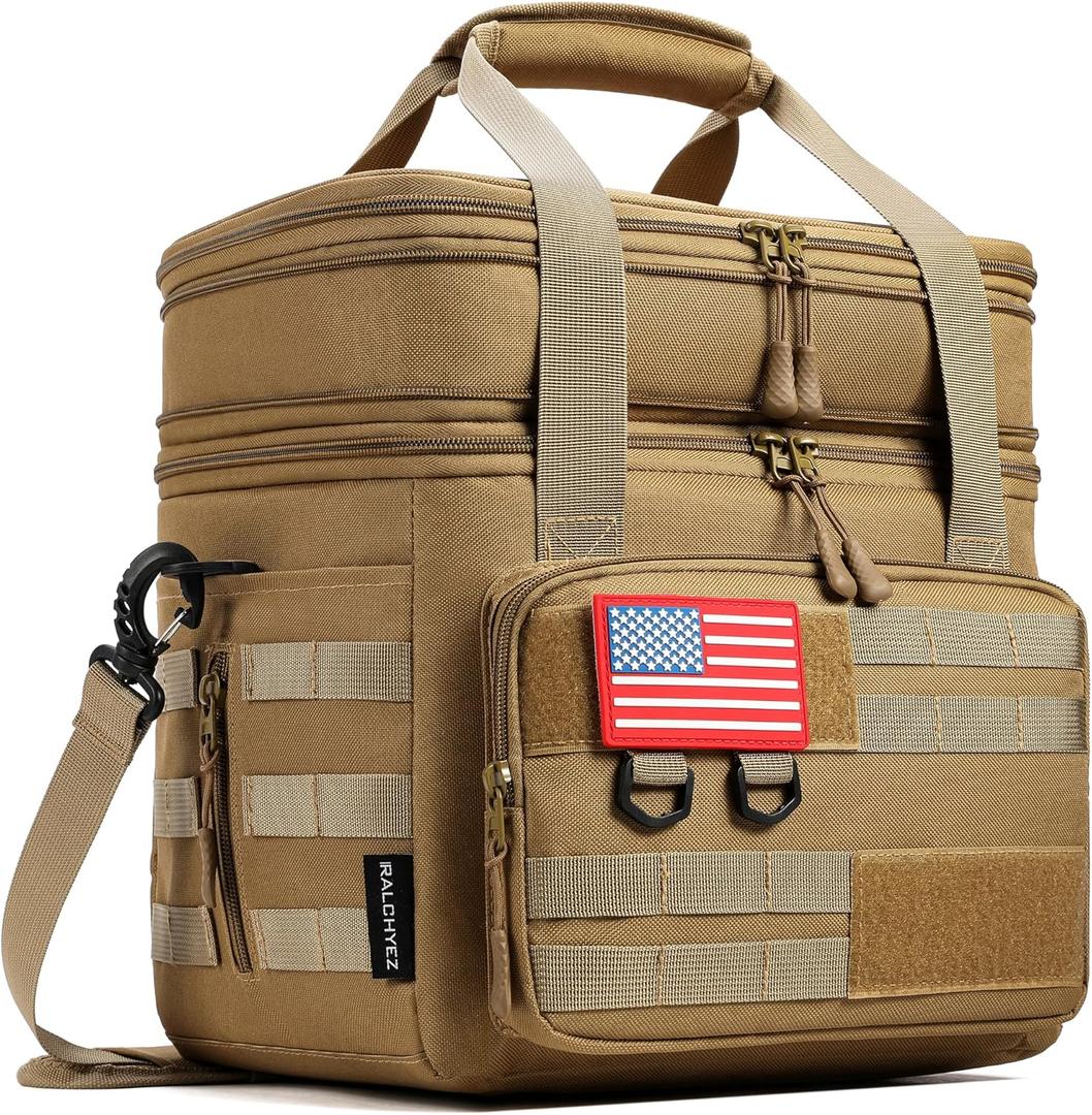 RalChyez Tactical Lunch Bag, 20L Large Heavy Duty Double Deck Insulated Lunch Box Leakproof Expandable Tote Cooler with Shoulder Strap for Adult Men Women Work Fishing Picnic Travel Tan