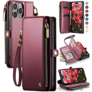 Defencase Compatible with iPhone 15 Pro Max Case Wallet with RFID Blocking Card Holder for Women Men, PU Leather Magnetic Snap Flip Zipper Strap Wallet Phone Case Fit for iPhone 15 Pro Max, Wine Red