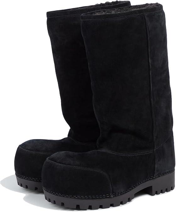 Platform Snow Boots for Women Suede Hippy Fur Boots Mid Calf Slip On Round Toe Winter Booties Comfortable Non-slip, Black, 8.5