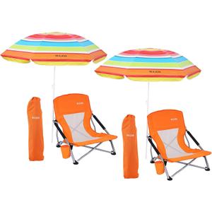 Beach Chair, Low Beach Chairs with Umbrella, Compack Portable Folding Festival Chairs, Chairs with Shade for Adult, with Cup Holder, Carry Bag, Heavy Duty, for Outdoors, BBQ (2-Pack Orange)