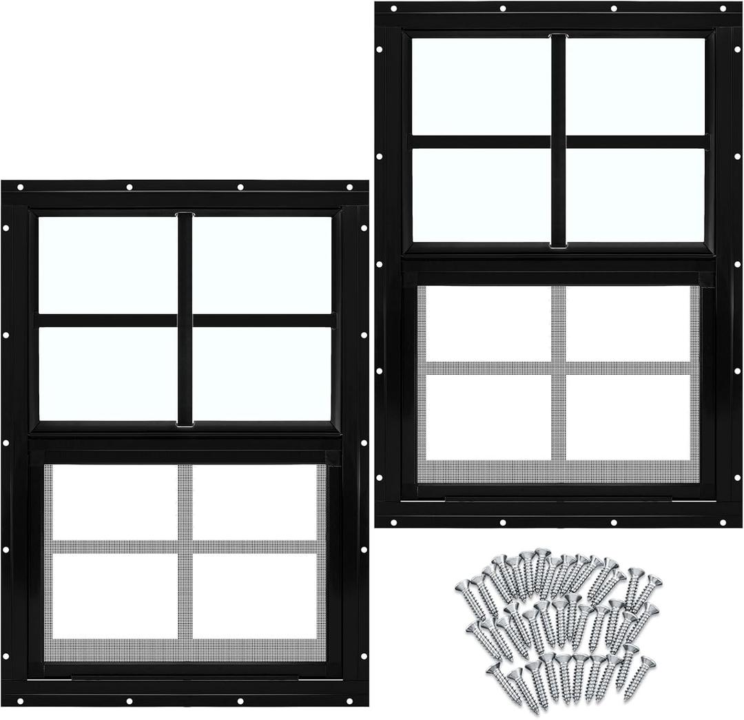Tandefio Shed Windows 2 Pack 12" W x 18" H Black Flush Mount with Tempered Glass and Screen Sliding Household Windows with Vertical Slider and Screws for Chicken Coop Sheds Barns